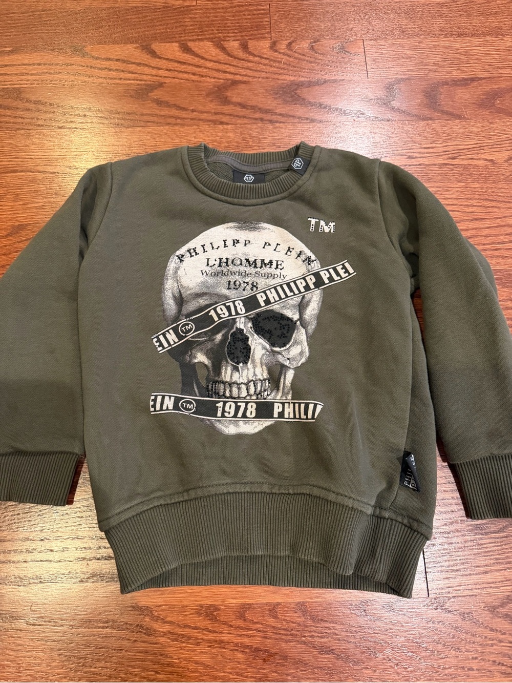 Philipp Plein Olive Green Skull Graphic Kids Sweatshirt